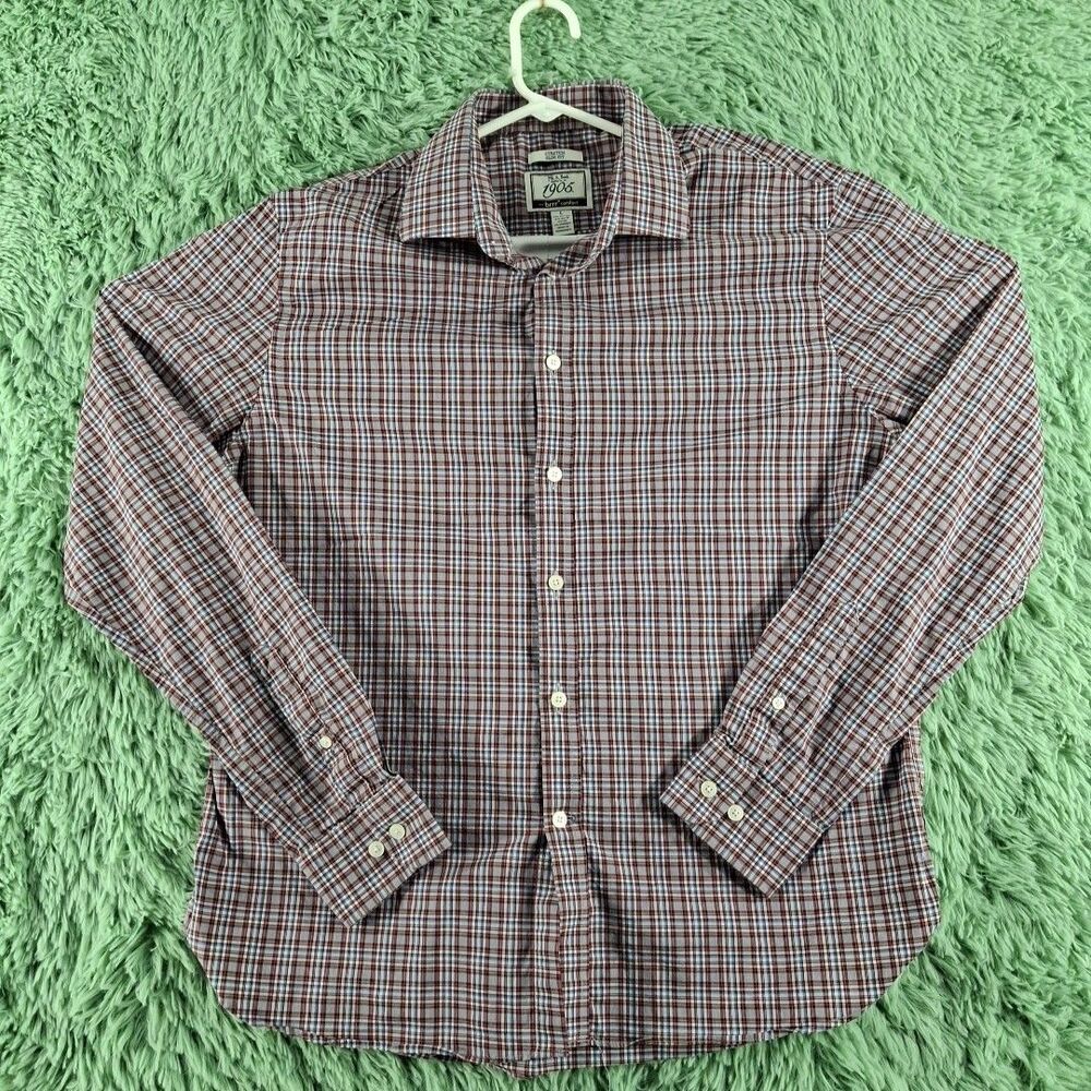 Jos A Bank Stretch Dlim Fit Large Button Up Shirt Mens Plaid Long Sleeve